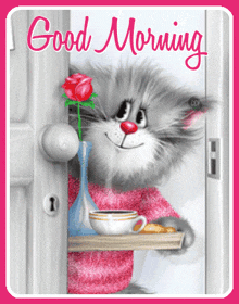 a cat holding a rose and a cup of coffee on a good morning card