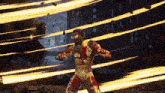 a man in a red and gold superhero costume is standing in front of a building