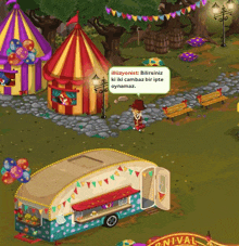 a cartoon drawing of a carnival with balloons and a sign that says " illusionist "