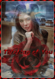 a picture of a woman with a red rose and the words thinking of you on the bottom