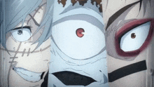 three anime characters are standing next to each other with one having a red eye .