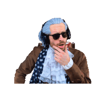 a man wearing a wig and sunglasses holds his hand to his face