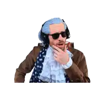 a man wearing a wig and sunglasses holds his hand to his face