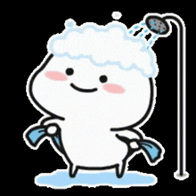 a cartoon character is taking a shower with soap on his head and holding a towel .