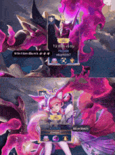 a screenshot of a video game shows a purple monster and a girl