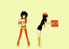 a cartoon of a girl holding a sign that says `` hey '' and another girl holding a sign that says `` hey ''