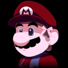 a close up of a cartoon character wearing a red hat with a white m on it