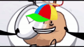 a cartoon drawing of a potato wearing a colorful hat and smiling