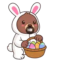 a cartoon of a bear dressed as a bunny holding a basket of easter eggs