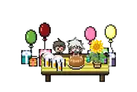 a pixel art drawing of a birthday party with balloons and a cake