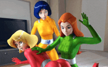three cartoon characters are posing for a picture and one of them has a heart on her belt