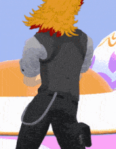 a cartoon character with orange hair and a black vest is standing