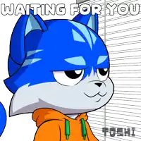 a cartoon of a cat wearing an orange hoodie with the words waiting for you below it