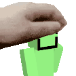 a pixel art of a person holding a green object with a black l on it .