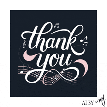 a black and white thank you card with music notes