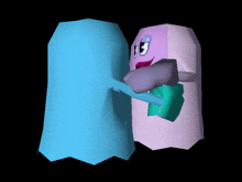 a blue and a pink ghost are hugging each other on a black background