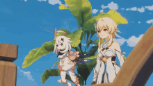 two anime characters standing next to each other in front of a tree