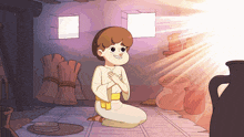 a cartoon of a boy kneeling in front of a window with the sun shining through it