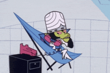 a cartoon character is sitting in a chair and talking on a phone