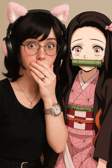 a woman wearing headphones and a watch is covering her mouth next to a picture of a girl in a pink kimono