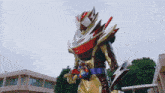 a cartoon character is standing in front of a building with a sword in his hand