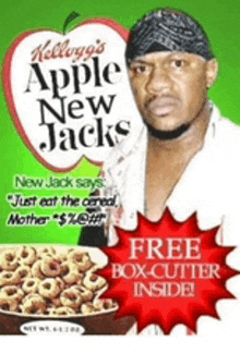 a box of kellogg 's apple new jacks cereal with a man on the front