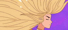 a cartoon of a woman with long blonde hair blowing in the wind against a purple background .