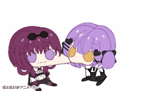 a cartoon of two girls with purple hair and hearts on their eyes