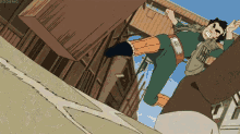 a cartoon character is flying through the air while wearing a green shirt and orange pants