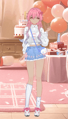 a girl with pink hair is standing in front of a table with balloons and a cake on it
