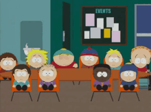a group of south park characters sit around a table in front of a bulletin board that says events