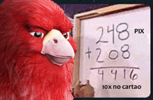 a cartoon bird is standing in front of a whiteboard with math problems on it .