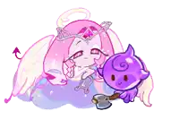 a cartoon drawing of an angel and a purple demon