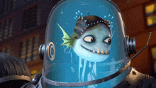 a cartoon character with a helmet on has a fish on it 's head