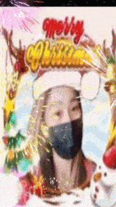 a woman wearing a mask and a santa hat is surrounded by christmas decorations and the words merry christmas