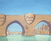 a cartoon drawing of a bridge over a river with buildings in the background