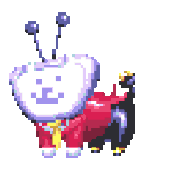 a pixel art drawing of a white bear wearing a red and purple outfit