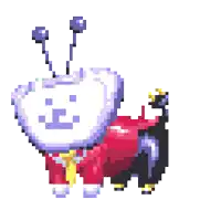 a pixel art drawing of a white bear wearing a red and purple outfit