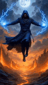 a man in a hooded robe is flying through the air with lightning coming out of his hands .