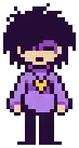 a pixel art of a person wearing a purple sweater and a yellow heart necklace .