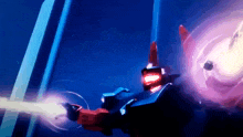 a robot with red horns is shooting a purple beam
