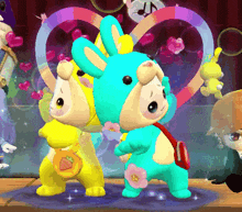 a couple of stuffed animals are standing next to each other