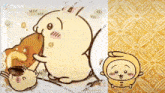 a cartoon of a dog holding a pillow next to a cartoon of a rabbit holding a pillow .