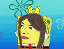 a drawing of spongebob with a woman 's face on his head