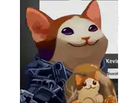 a drawing of a cat holding a smaller cat with kevin written in the corner