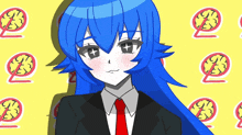 a girl with blue hair is wearing a suit and red tie