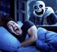 a man is laying in bed with his mouth open and a skeleton is looking out the window .