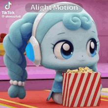 a cartoon character wearing headphones and holding a striped bucket of popcorn