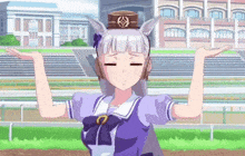 a girl in a purple dress is standing on a track with her arms outstretched and a hat on her head .