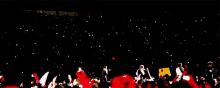 a crowd of people are gathered in a dark room watching a concert